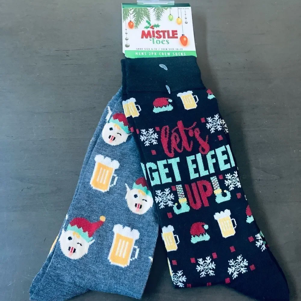 NWT 2-pk Let’s Get Elfed Up Elf Beer Holiday Christmas Fun Socks